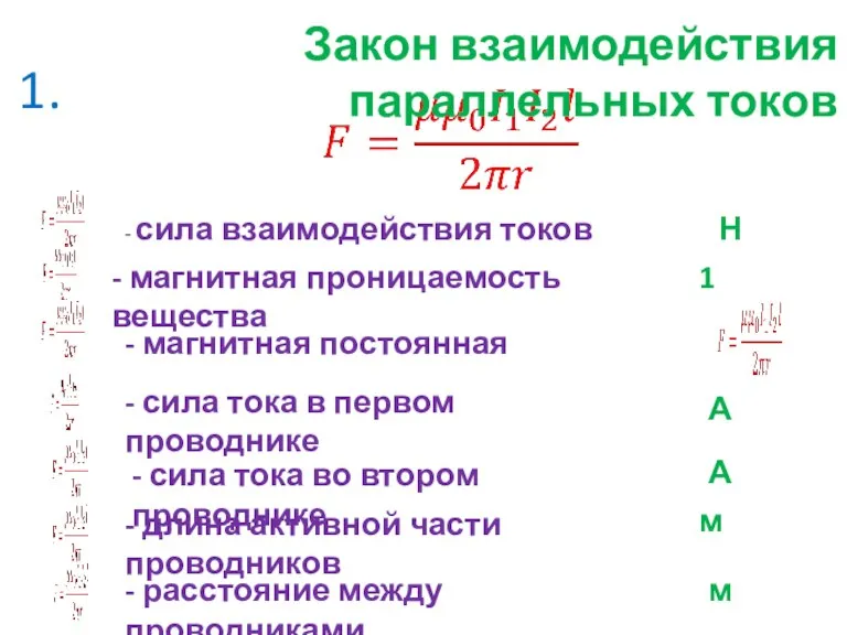 1. Закон взаимодействия параллельных токов - сила взаимодействия токов - магнитная проницаемость