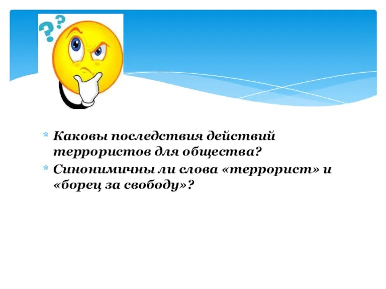 Каковы последствия действий террористов для общества? Синонимичны ли слова «террорист» и «борец за свободу»?