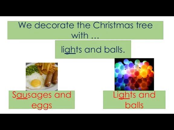 We decorate the Christmas tree with … lights and balls. Sausages and eggs Lights and balls