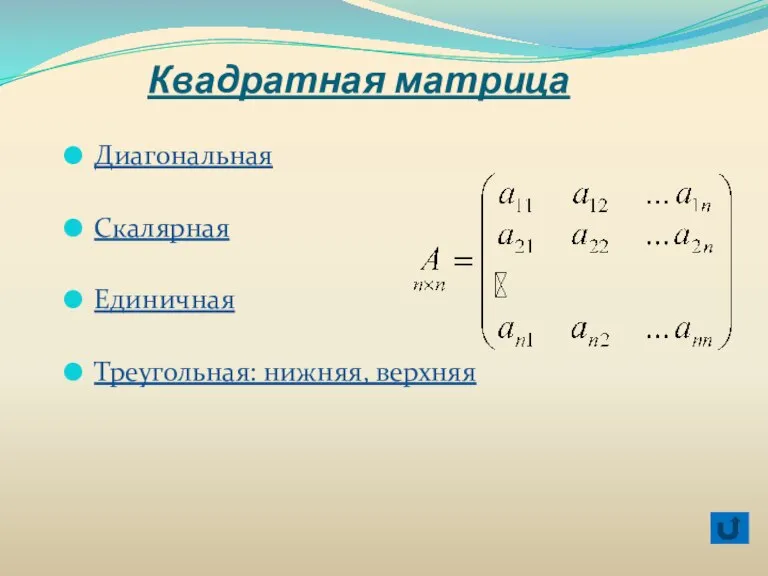 Квадратная матрица Диагональная Скалярная Единичная Треугольная: нижняя, верхняя