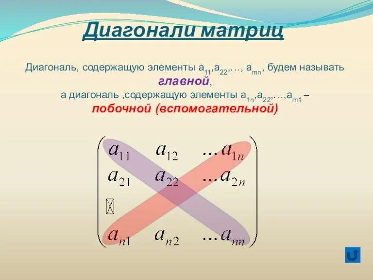 Диагонали матриц Диагональ, содержащую элементы а11,а22,…, аmn, будем называть главной, а диагональ