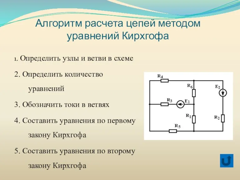 Алгоритм расчета цепей методом уравнений Кирхгофа 1. Определить узлы и ветви в