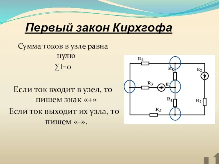 Первый закон Кирхгофа Сумма токов в узле равна нулю ∑I=0 Если ток