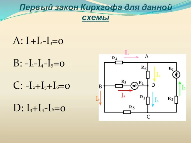 Первый закон Кирхгофа для данной схемы А: I1+I2-I3=0 B: -I1-I4-I5=0 C: -I2+I5+I6=0