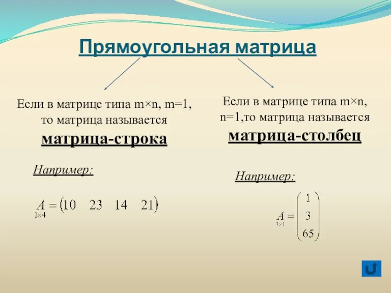 Прямоугольная матрица Если в матрице типа m×n, m=1,то матрица называется матрица-строка Если