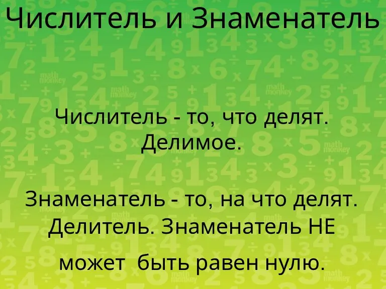 Числитель и Знаменатель Числитель - то, что делят. Делимое. Знаменатель - то,