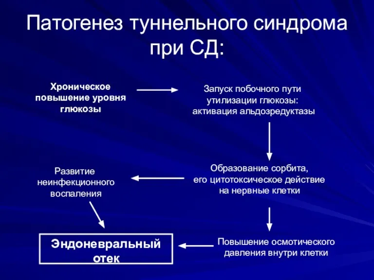 Патогенез туннельного синдрома при СД: Хроническое повышение уровня глюкозы Запуск побочного пути