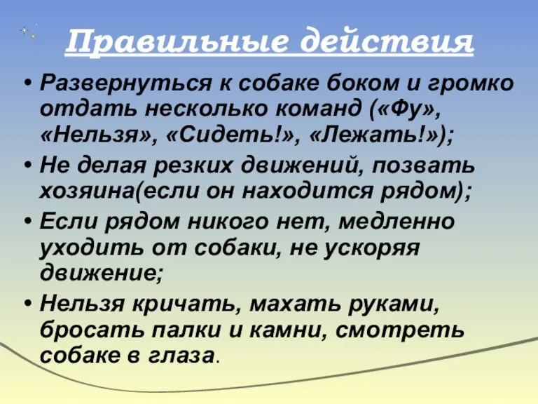 Правильные действия Развернуться к собаке боком и громко отдать несколько команд («Фу»,