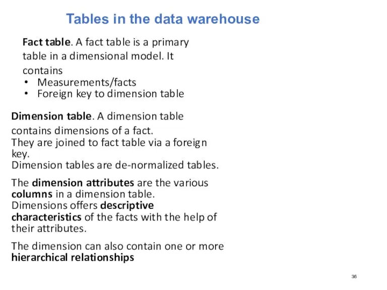 Tables in the data warehouse Dimension table. A dimension table contains dimensions