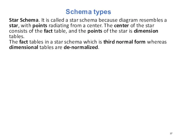 Schema types Star Schema. It is called a star schema because diagram