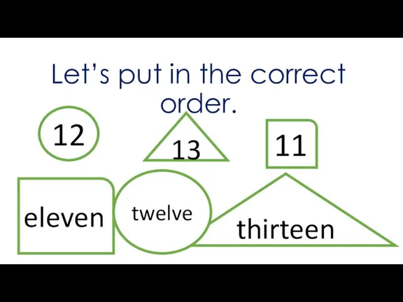Let’s put in the correct order. 13 11 12 thirteen eleven twelve