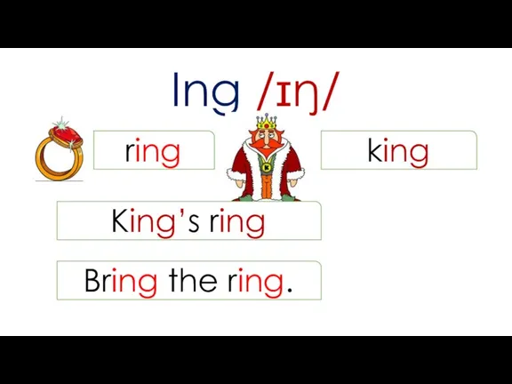 Ing /ɪŋ/ ring king King’s ring Bring the ring.