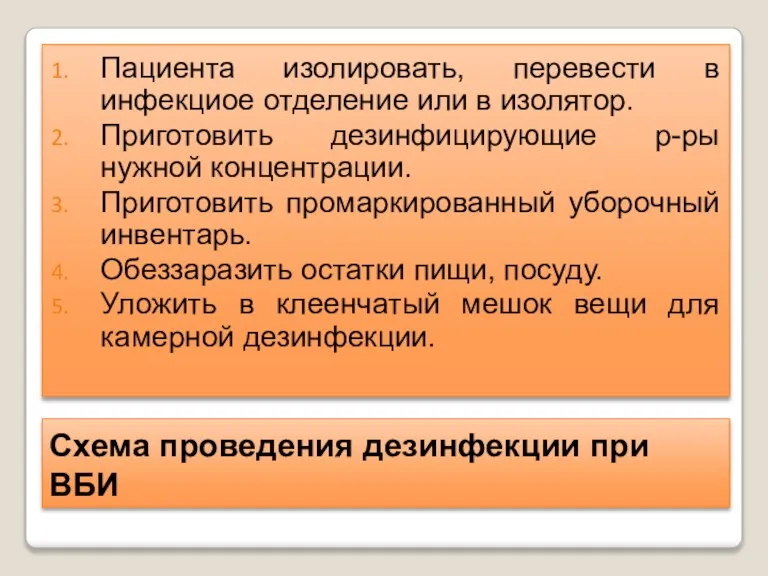 Схема проведения дезинфекции при ВБИ Пациента изолировать, перевести в инфекциое отделение или