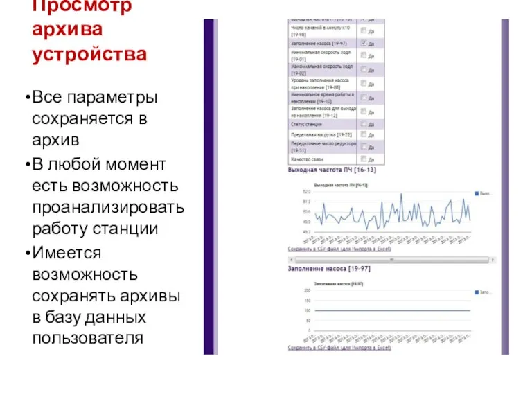 Просмотр архива устройства Все параметры сохраняется в архив В любой момент есть