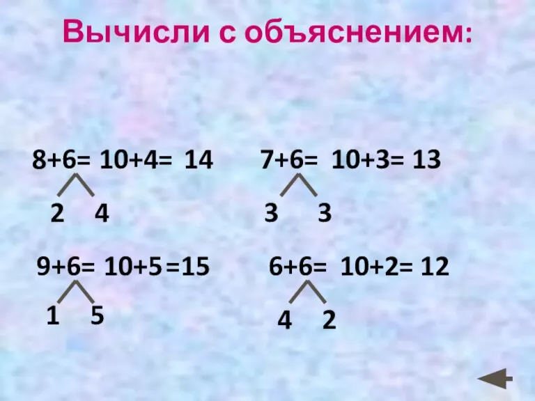 Вычисли с объяснением: 9+6= 10+5 =15 1 5 4 2 7+6= 3