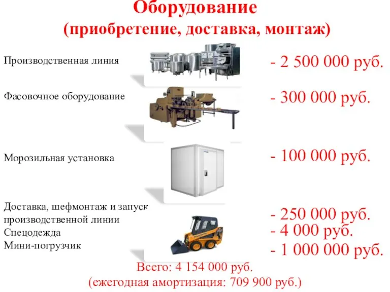 Оборудование (приобретение, доставка, монтаж) - 2 500 000 руб. - 300 000