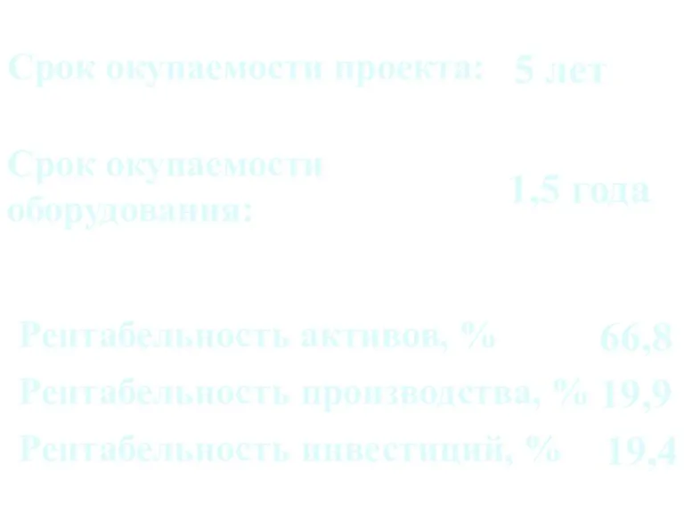 Срок окупаемости проекта: Срок окупаемости оборудования: 5 лет 1,5 года Рентабельность активов,