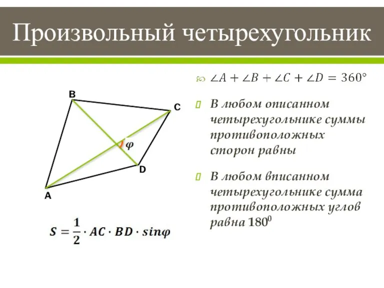 Произвольный четырехугольник В любом описанном четырехугольнике суммы противоположных сторон равны В любом