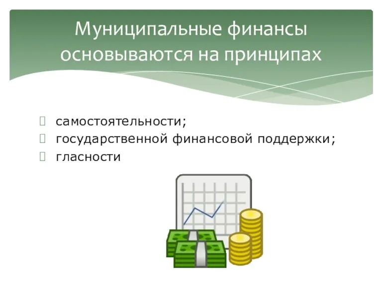 самостоятельности; государственной финансовой поддержки; гласности Муниципальные финансы основываются на принципах