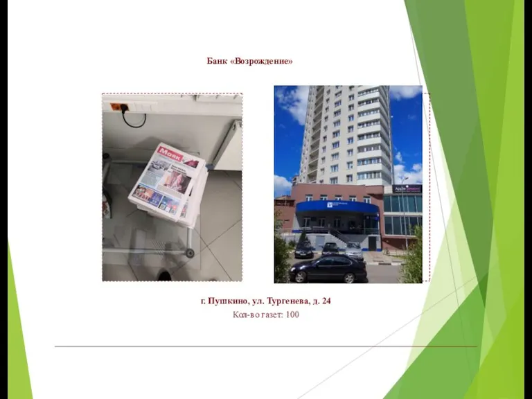 Банк «Возрождение» г. Пушкино, ул. Тургенева, д. 24 Кол-во газет: 100