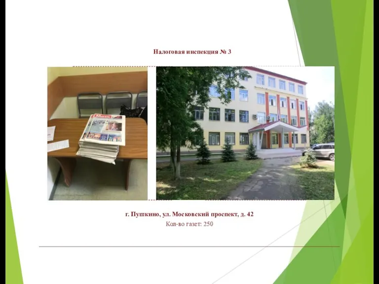 Налоговая инспекция № 3 г. Пушкино, ул. Московский проспект, д. 42 Кол-во газет: 250