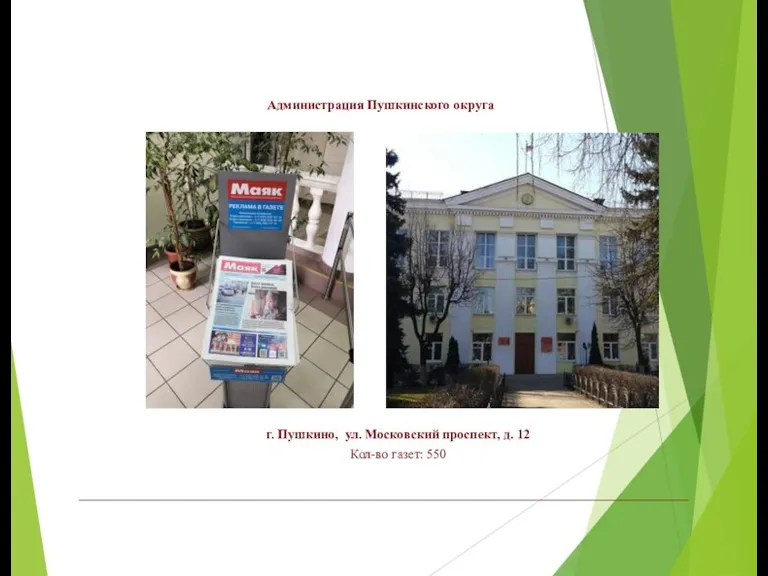 Администрация Пушкинского округа г. Пушкино, ул. Московский проспект, д. 12 Кол-во газет: 550