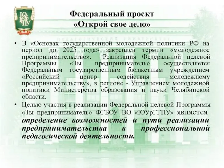 Федеральный проект «Открой свое дело» В «Основах государственной молодежной политики РФ на