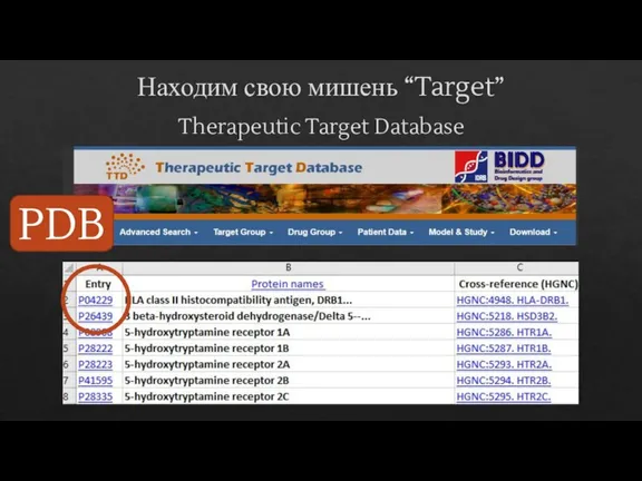 Находим свою мишень “Target” Therapeutic Target Database PDB