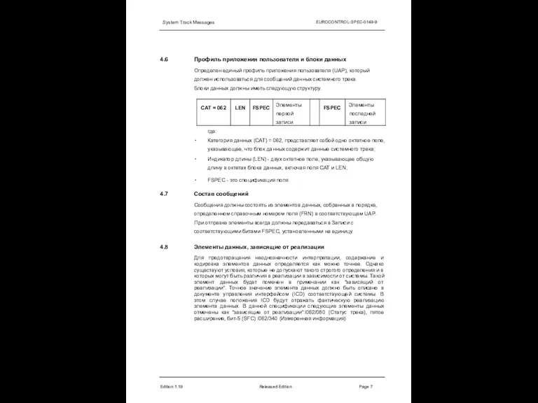 System Track Messages EUROCONTROL-SPEC-0149-9 4.6 Edition:1.19 Released Edition Page 7 Профиль приложения
