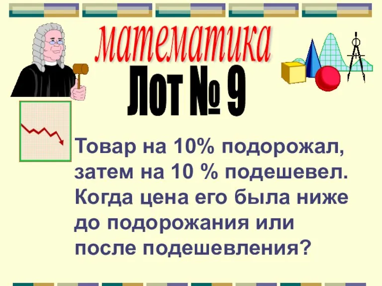 математика Лот № 9 Товар на 10% подорожал, затем на 10 %