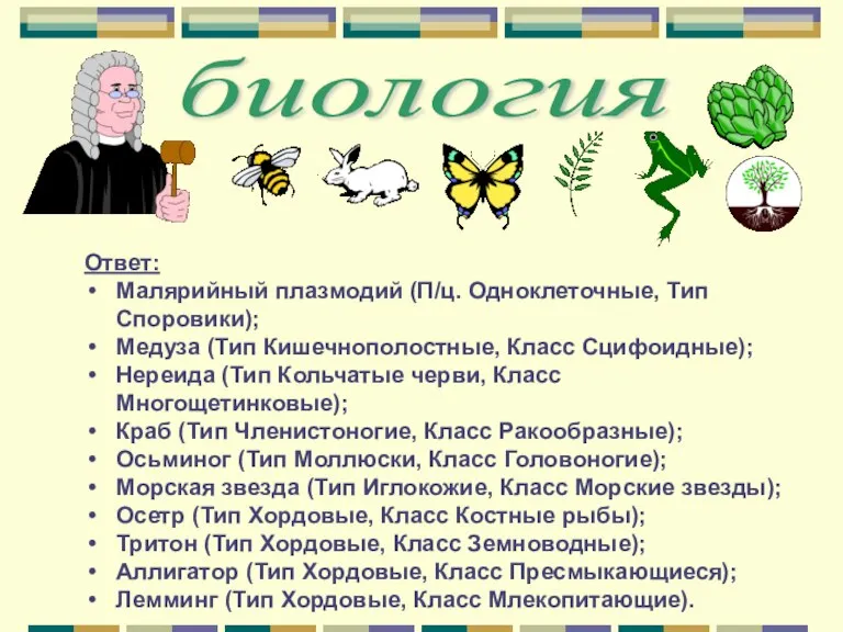 биология Ответ: Малярийный плазмодий (П/ц. Одноклеточные, Тип Споровики); Медуза (Тип Кишечнополостные, Класс