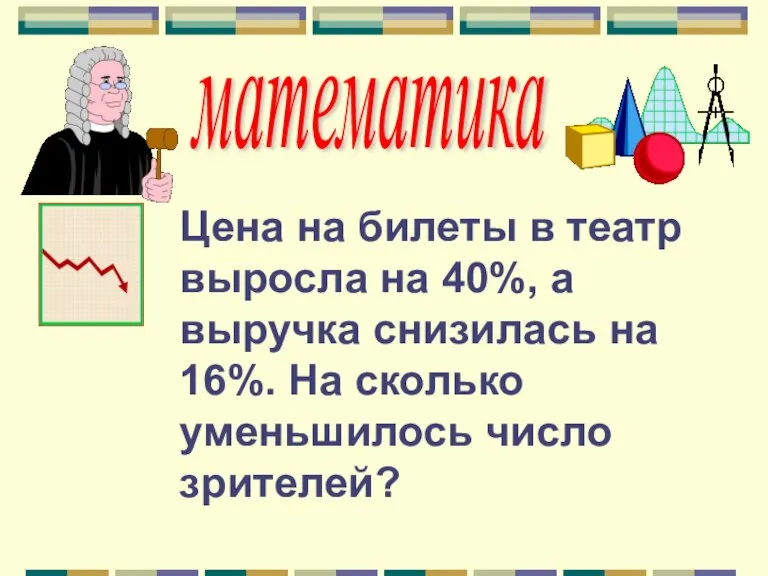 математика Цена на билеты в театр выросла на 40%, а выручка снизилась