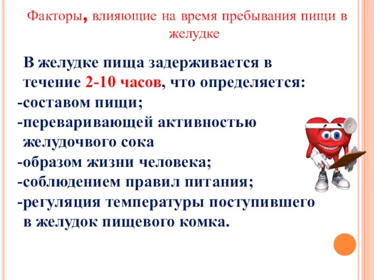 Факторы, влияющие на время пребывания пищи в желудке В желудке пища задерживается