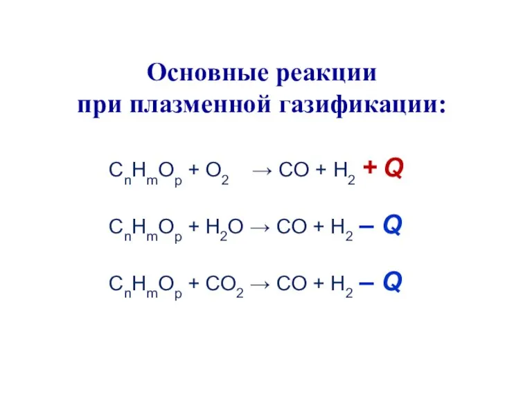 CnHmOp + O2 → CO + H2 + Q CnHmOp + H2O