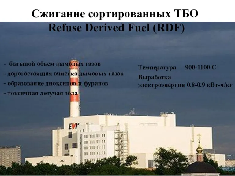 Сжигание сортированных ТБО Refuse Derived Fuel (RDF) большой объем дымовых газов дорогостоящая