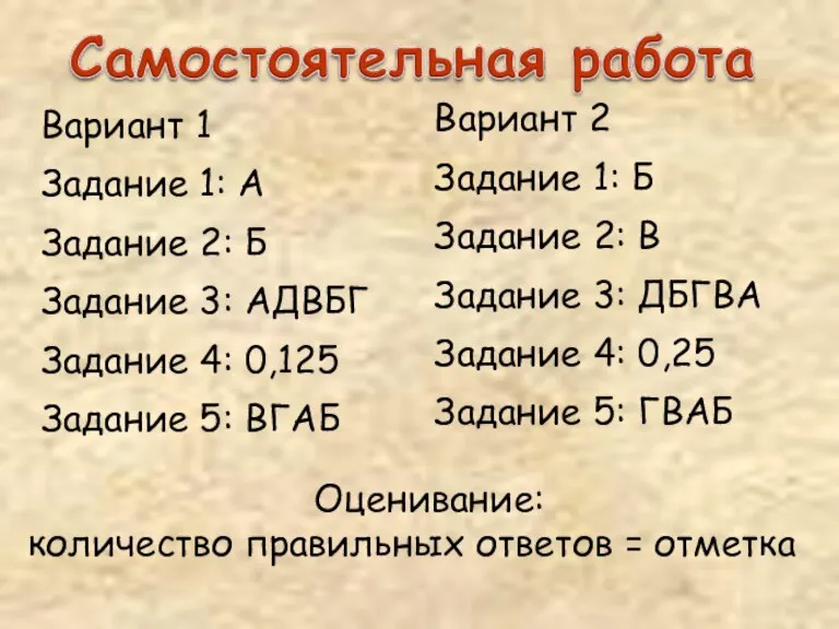 Вариант 1 Задание 1: А Задание 2: Б Задание 3: АДВБГ Задание