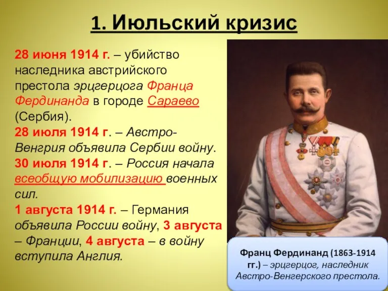 28 июня 1914 г. – убийство наследника австрийского престола эрцгерцога Франца Фердинанда