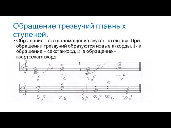 Обращение трезвучий главных ступеней. Обращение – это перемещение звуков на октаву. При