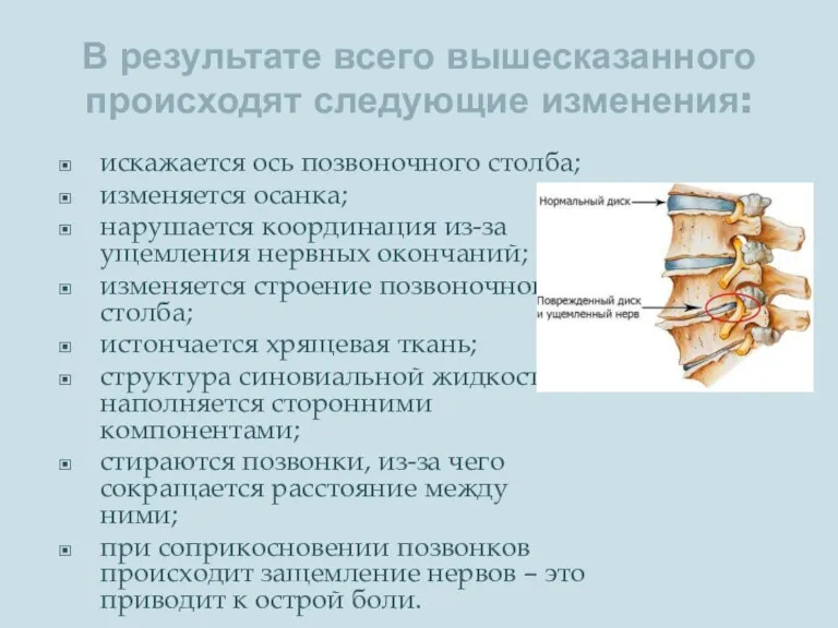 В результате всего вышесказанного происходят следующие изменения: искажается ось позвоночного столба; изменяется