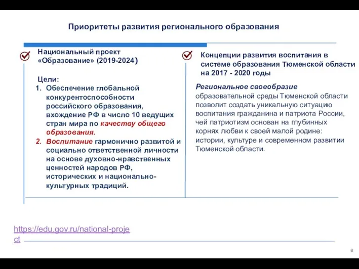 8 Национальный проект «Образование» (2019-2024) Цели: Обеспечение глобальной конкурентоспособности российского образования, вхождение