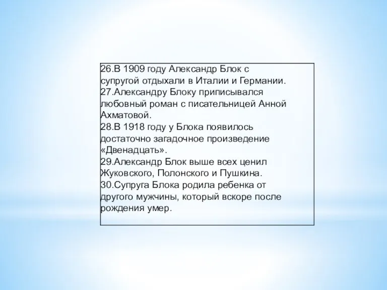 26.В 1909 году Александр Блок с супругой отдыхали в Италии и Германии.