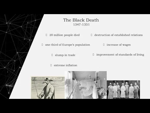 The Black Death 1347-1351 20 million people died one-third of Europe’s population