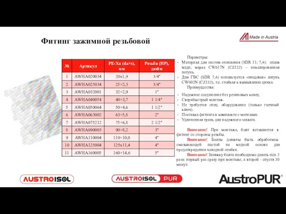 Параметры: Материал для систем отопления (SDR 11; 7,4): сплав меди, марка CW617N