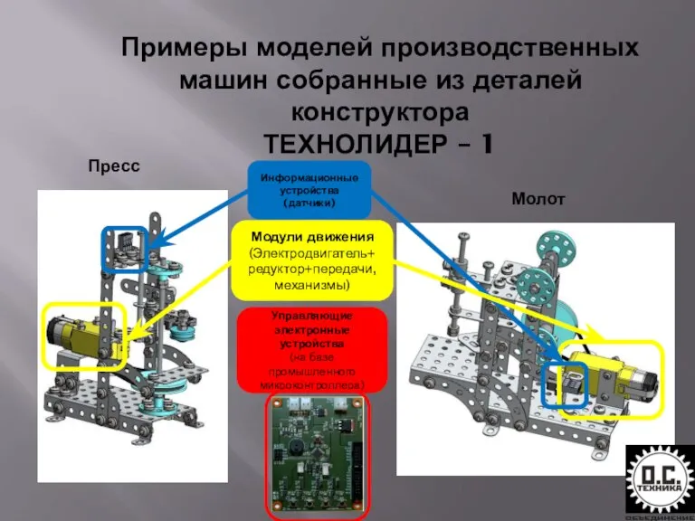 Примеры моделей производственных машин собранные из деталей конструктора ТЕХНОЛИДЕР – 1 Пресс