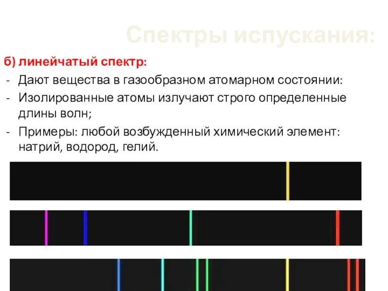 Спектры испускания: б) линейчатый спектр: Дают вещества в газообразном атомарном состоянии: Изолированные