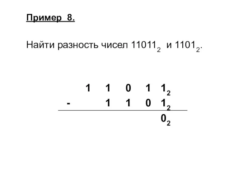 Пример 8. Найти разность чисел 110112 и 11012.