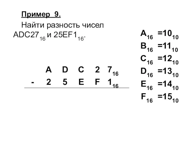 Пример 9. Найти разность чисел ADC2716 и 25EF116.