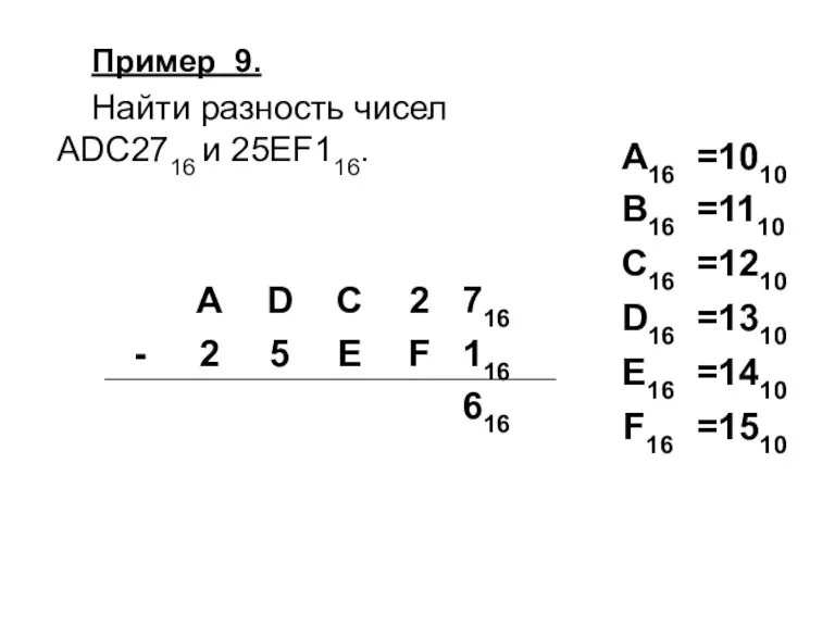 Пример 9. Найти разность чисел ADC2716 и 25EF116.