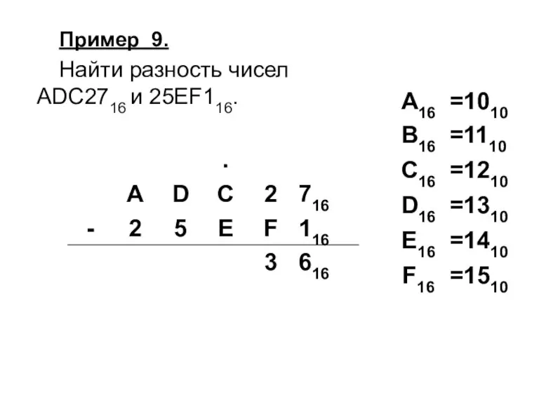 Пример 9. Найти разность чисел ADC2716 и 25EF116.