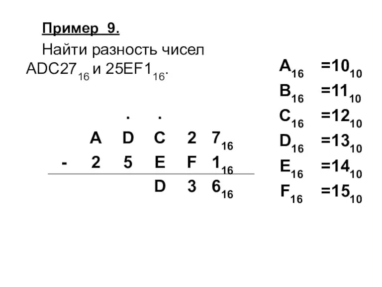 Пример 9. Найти разность чисел ADC2716 и 25EF116.